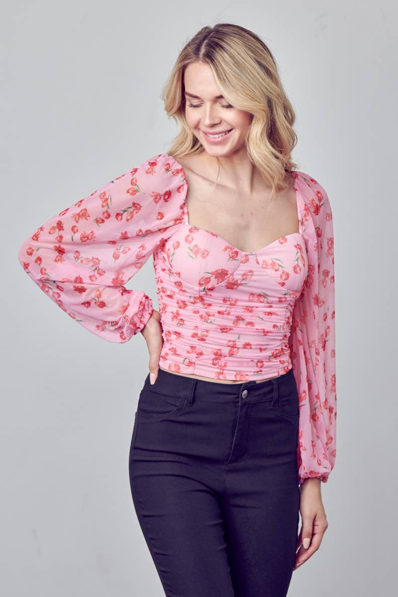 TULIP FLORAL PRINT TOP BLOUSE Fore Collection PINK S 