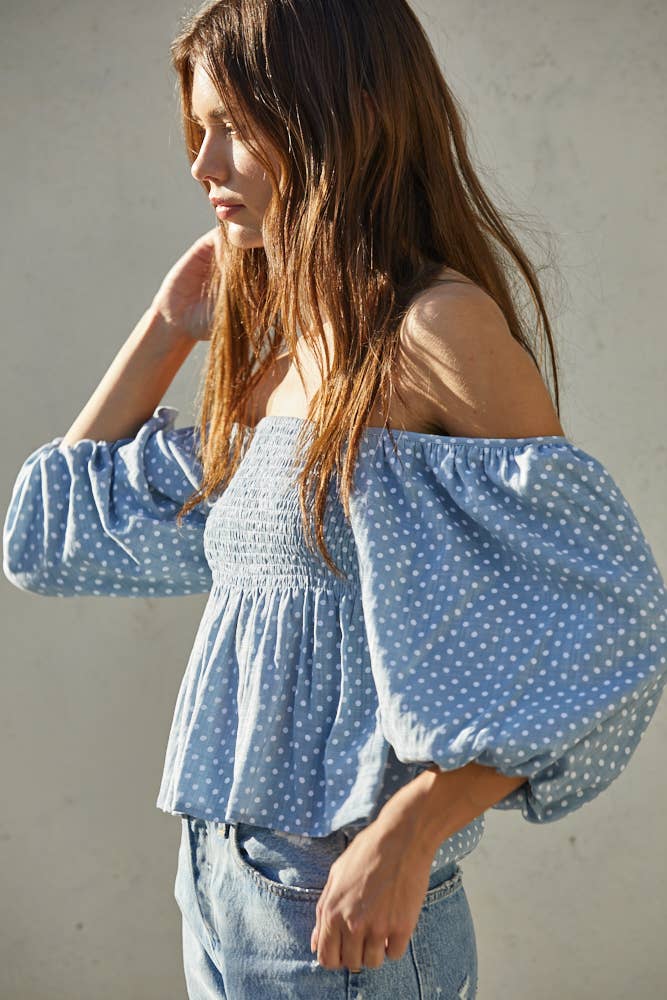 WOVEN POLKA DOT PRINT BABYDOLL TOP BLOUSE BY TOGETHER 