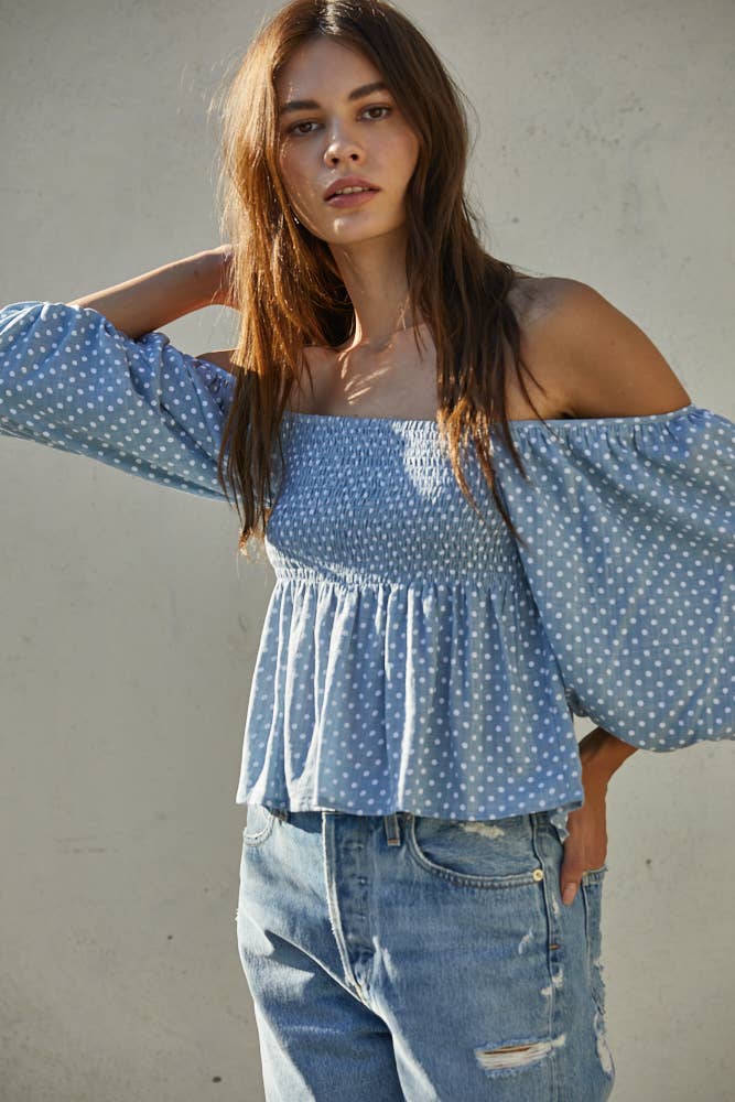 WOVEN POLKA DOT PRINT BABYDOLL TOP BLOUSE BY TOGETHER LIGHT BLUE S 